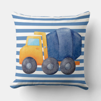 Yellow Cement Truck on Blue Striped Background Throw Pillow