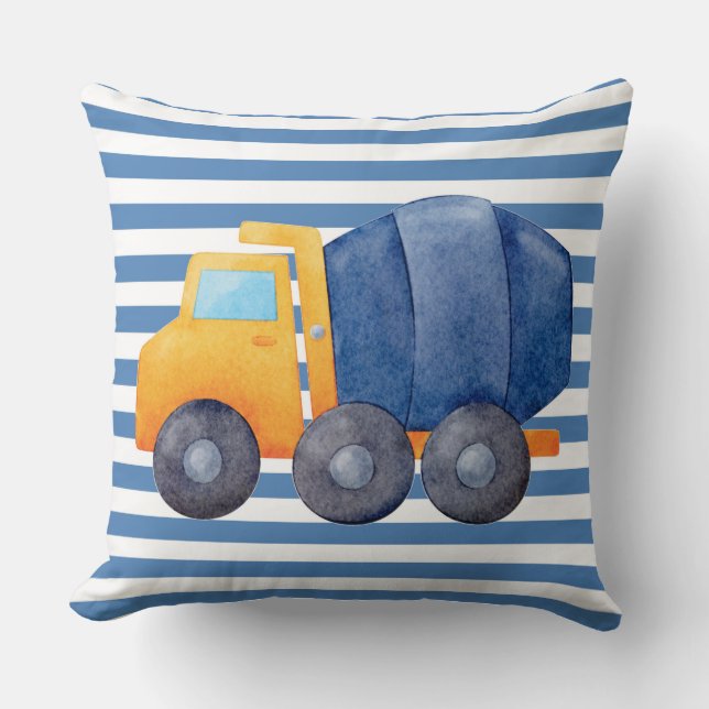 Yellow Cement Truck on Blue Striped Background Throw Pillow (Front)
