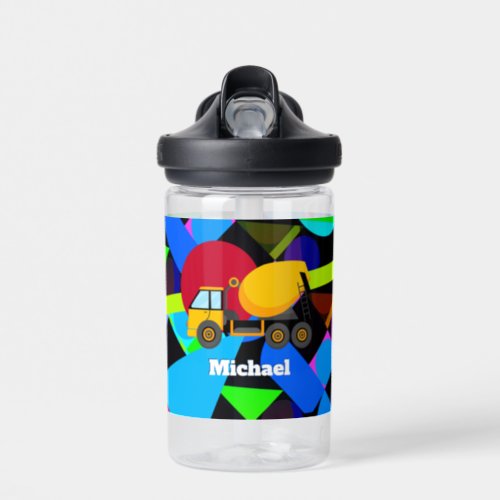 Yellow Cemet Truck Colorful Geometric Shapes Name Water Bottle