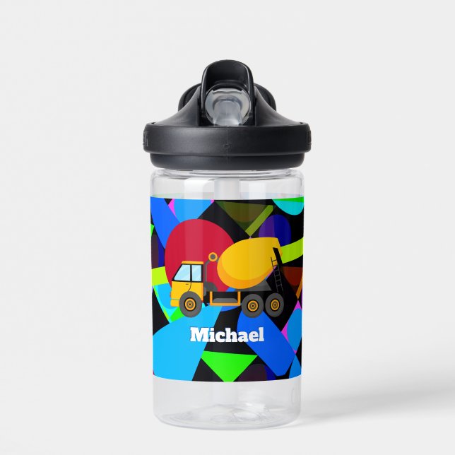 Yellow Cemet Truck, Colorful Geometric Shapes Name Water Bottle (Front)