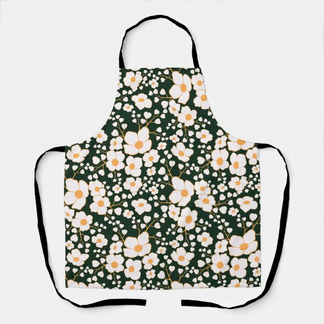 Yellow Centered White Flowers & Green Background Apron (Front)