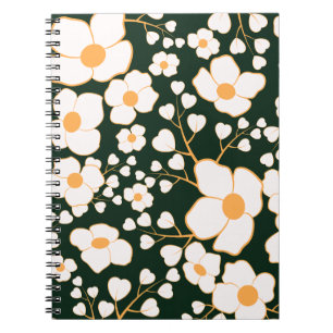 Yellow Centered White Flowers & Green Background Notebook
