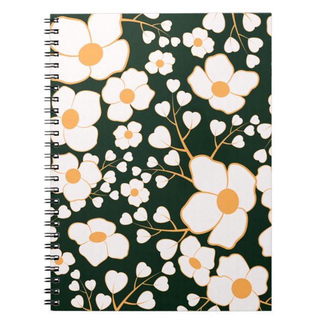 Yellow Centered White Flowers & Green Background Notebook (Front)