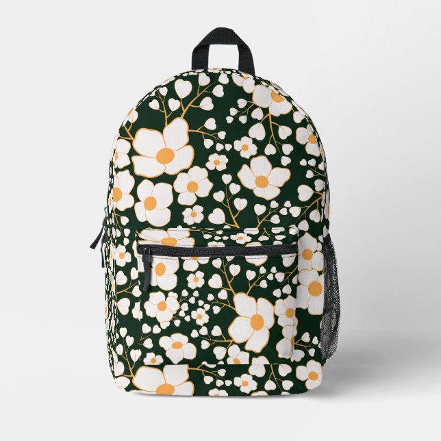 Yellow Centered White Flowers & Green Background Printed Backpack (Front)