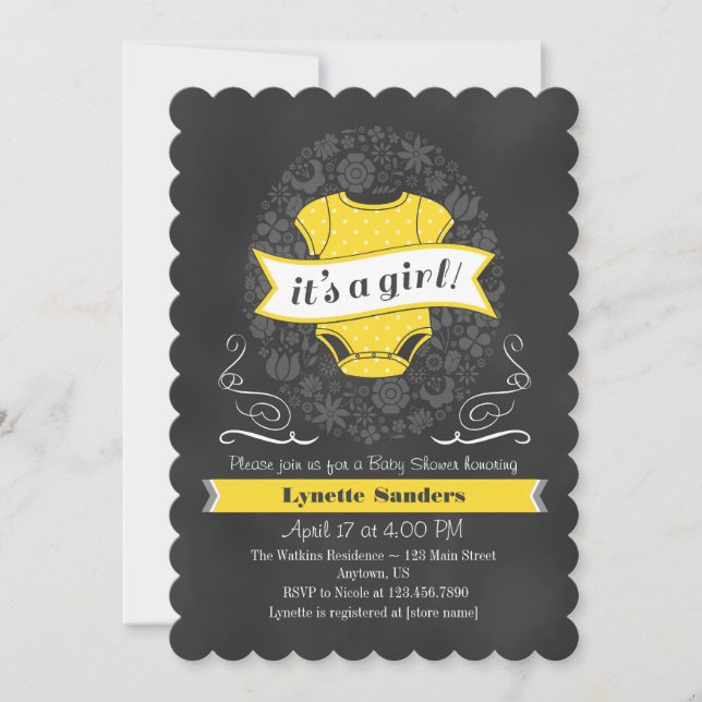 Yellow Chalkboard Girl Baby Shower Invite (Front)