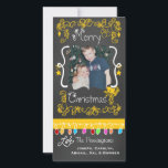 Yellow Chalkboard Merry Christmas Photo Card<br><div class="desc">Merry Christmas holiday photo cards with a chalkboard look background,  lots of yellow swirls and text that reads Merry Christmas,  a string of colorful tree lights in various colors,  yellow hanging ornaments,  and areas you can customize these beautiful and bright holiday photo cards with your photo and names!</div>