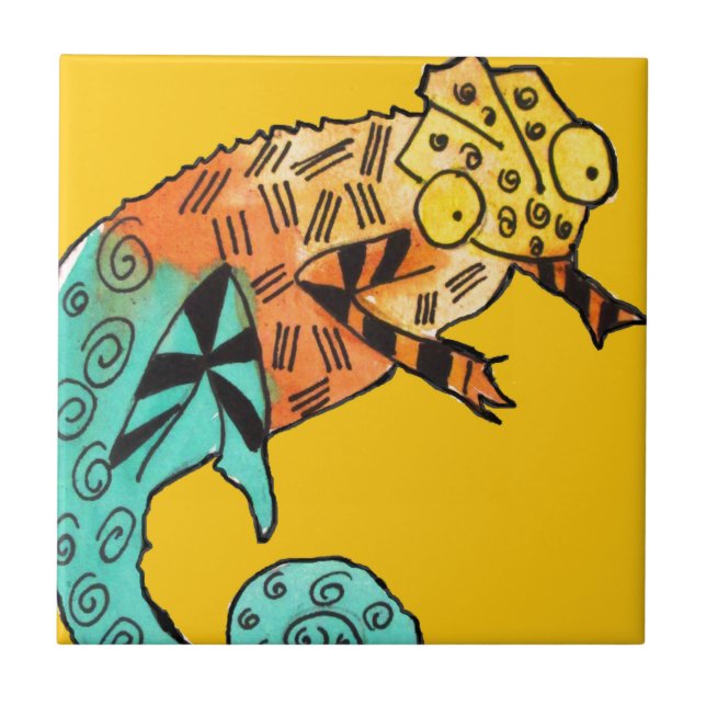 Yellow chameleon reptile art doodle illustration ceramic tile (Front)
