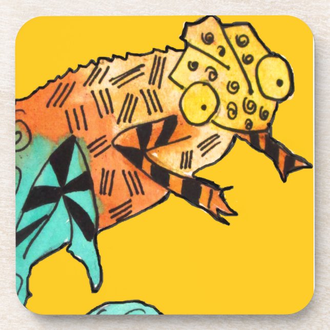 Yellow chameleon reptile art doodle illustration coaster (Front)