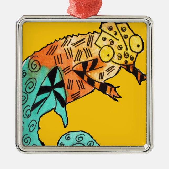 Yellow chameleon reptile art doodle illustration metal ornament (Front)