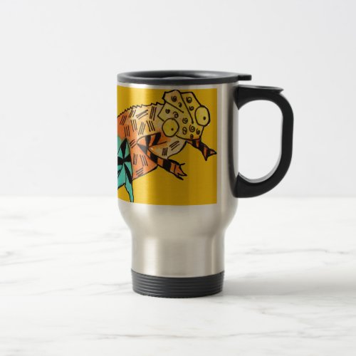 Yellow chameleon reptile art doodle illustration travel mug