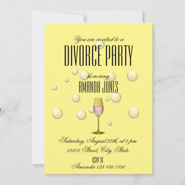 Yellow champagne divorce party girly chick invitation (Front)