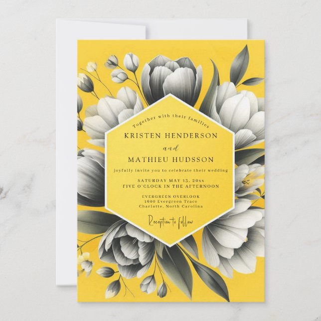 Yellow Charcoal Bloom Wedding Invitation (Front)