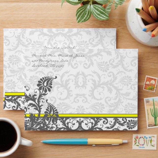 Yellow & Charcoal Gray Damask Wedding Envelopes (Desk)
