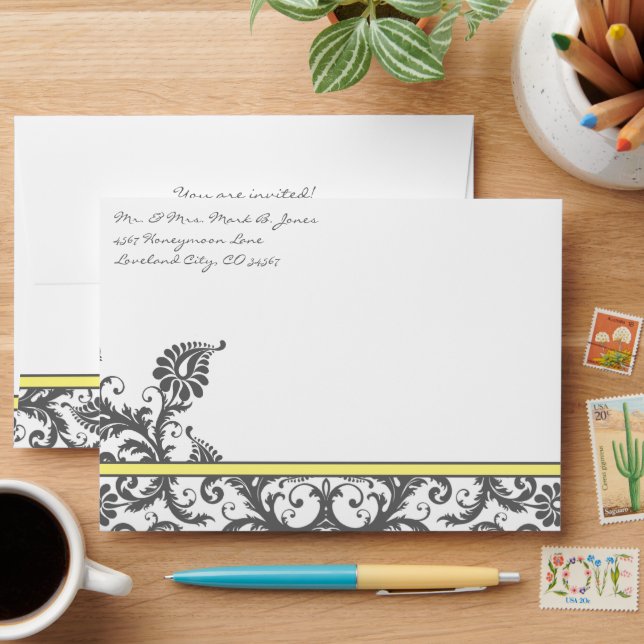 Yellow & Charcoal Gray Damask Wedding Envelopes (Desk)