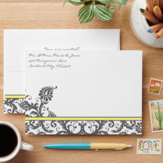 Yellow & Charcoal Gray Damask Wedding Envelopes