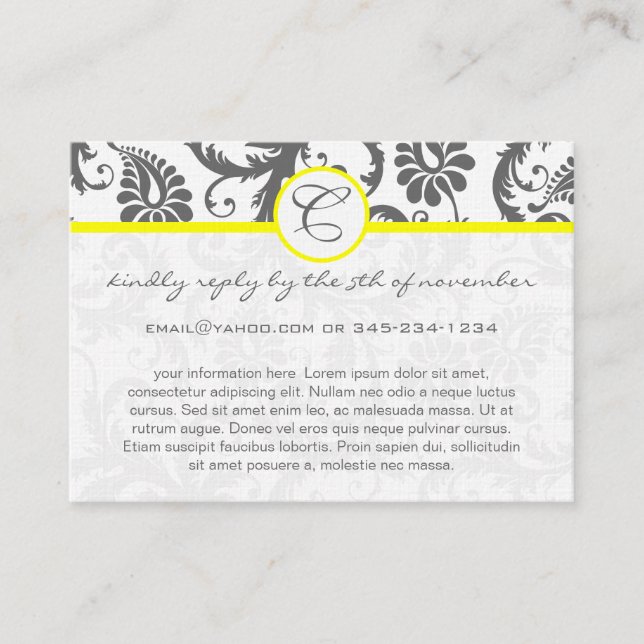 Yellow & Charcoal Gray Damask Wedding Info Cards (Front)
