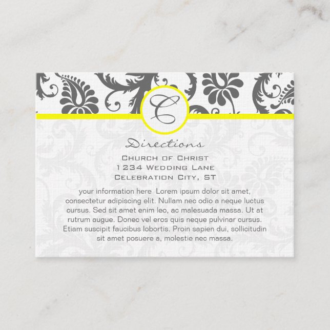 Yellow & Charcoal Gray Damask Wedding Info Cards (Front)