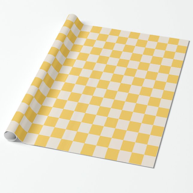 Yellow Check Checkered Checkerboard Pattern Wrapping Paper (Unrolled)