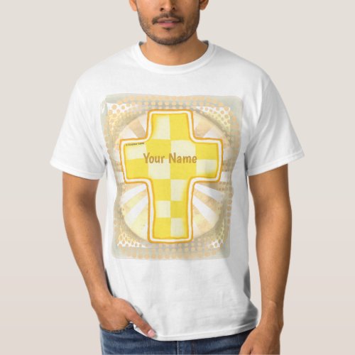 Yellow Check Christian Cross custom name T_Shirt