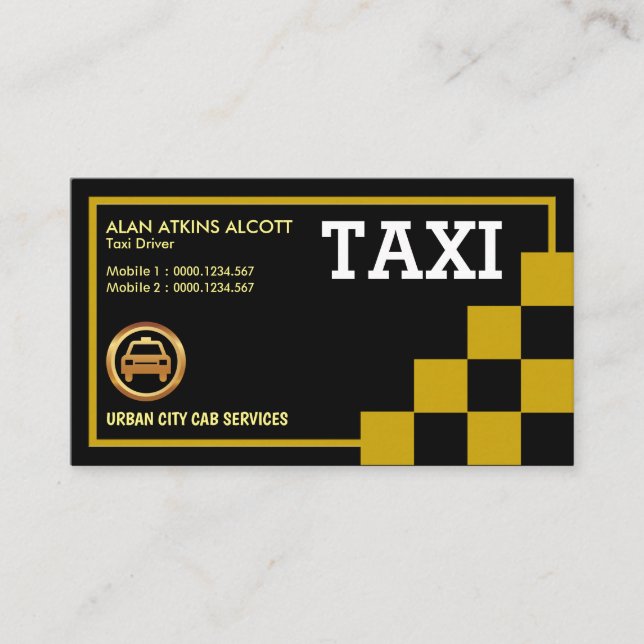 Yellow Checked Squares Creative Retro Taxi Service Business Card (Front)