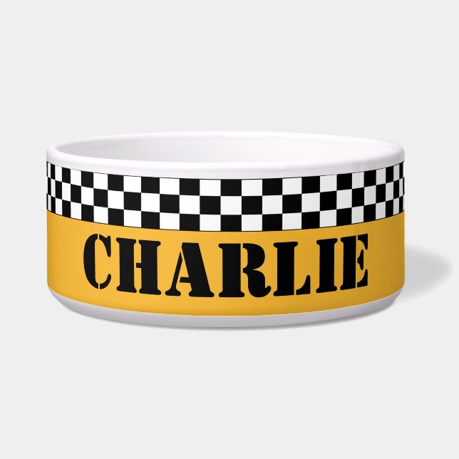 Yellow Checker Cab Checkerboard Personalized Bowl (Front)