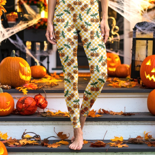Yellow Checkerboard Cherry Pumpkins Pattern Leggings (Creator Uploaded)