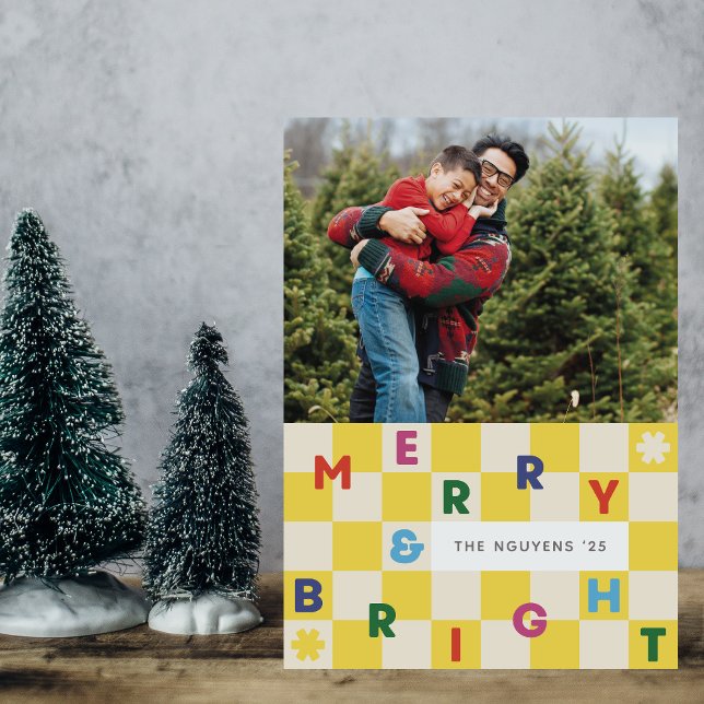 Yellow Checkerboard Merry & Bright Christmas Card (Creator Uploaded)