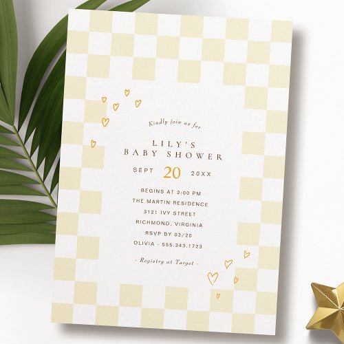 Yellow Checkerboard  Neutral Retro Baby Shower Invitation