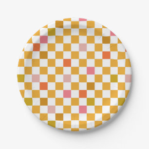 Yellow Checkerboard Pattern Birthday Paper Plates