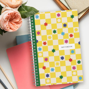Yellow Checkerboard Pattern Stars Flowers Notebook