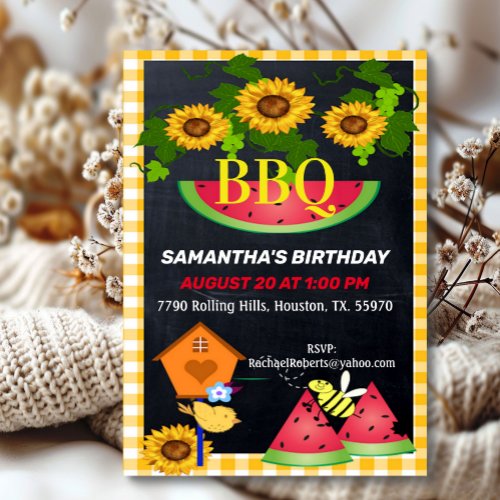 Yellow Checkered Country Sunflower Birthday BBQ In Invitation