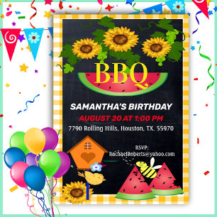 Yellow Checkered Country Sunflower Birthday BBQ In Invitation
