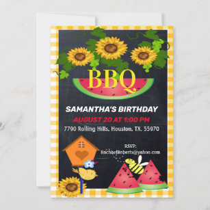 Yellow Checkered Country Sunflower Birthday BBQ In Invitation