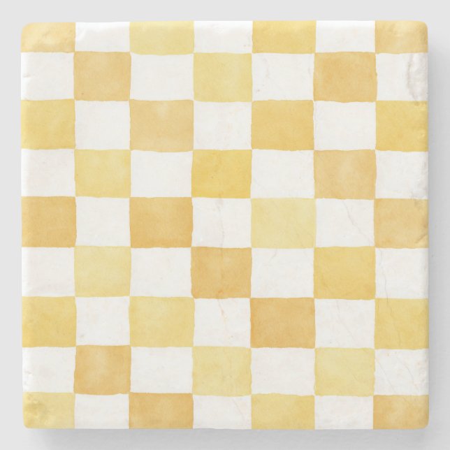 Yellow Checkered Decorative Stone Coaster (Front)