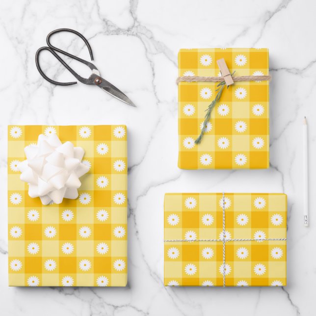 Yellow Checkered Floral Wrapping Paper Sheets (Front)