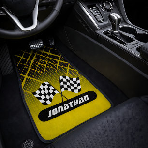 Yellow Checkered Racing Flags Name Car Floor Mat
