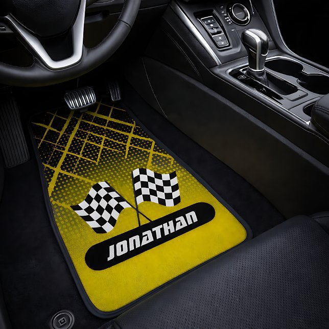 Yellow Checkered Racing Flags Name Car Floor Mat (Yellow Checkered Racing Flags Name Car Floor Mat)