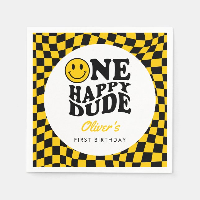 Yellow Checkered Smile Face 1st Birthday Custom Napkins (Front)