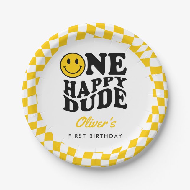 Yellow Checkered Smile One Happy Dude 1st Birthday Paper Plates (Front)