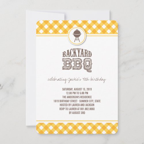 Yellow Checks Backyard BBQ Birthday Summer Party Invitation