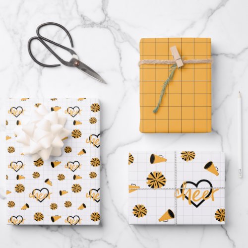 Yellow Cheer Hearts Pom Poms Megaphone Pattern Wrapping Paper Sheets