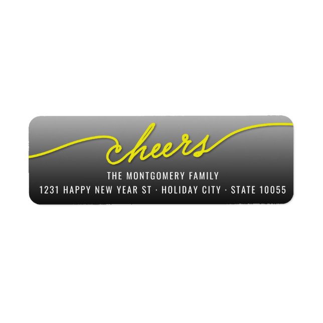 Yellow Cheers Calligraphy Script Holiday Address Label (Front)