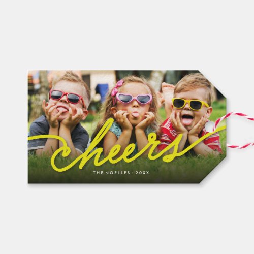 Yellow Cheers Calligraphy Script Photo Holiday Gift Tags