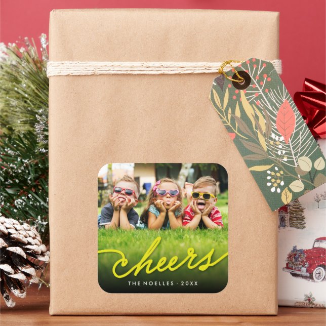 Yellow Cheers Calligraphy Script Photo Holiday Square Sticker (Holiday)