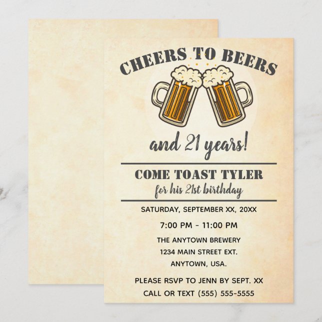 Yellow Cheers To Beers 21st Birthday Party Invitation (Front/Back)