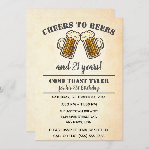 Yellow Cheers To Beers 21st Birthday Party Invitation