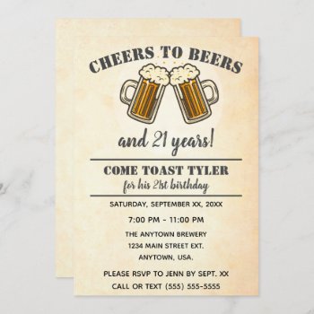 Yellow Cheers To Beers 21st Birthday Party Invitation by csinvitations at Zazzle