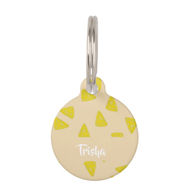Yellow cheese shapes on pink pet ID tag (Front)