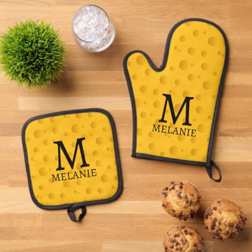 Yellow cheese slice print custom monogram oven mitt  pot holder set