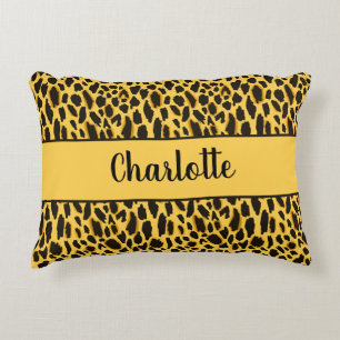 Yellow Cheetah Print with Black Spots Custom Name Accent Pillow